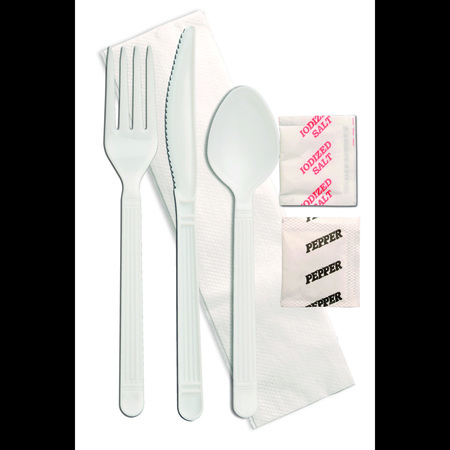 FORUM CUTLERY Knife/Fork/Spoon/Salt/Pepper/Napkin Black Wrapped Cutlery Kit, PK250 F2503PCSPKIT